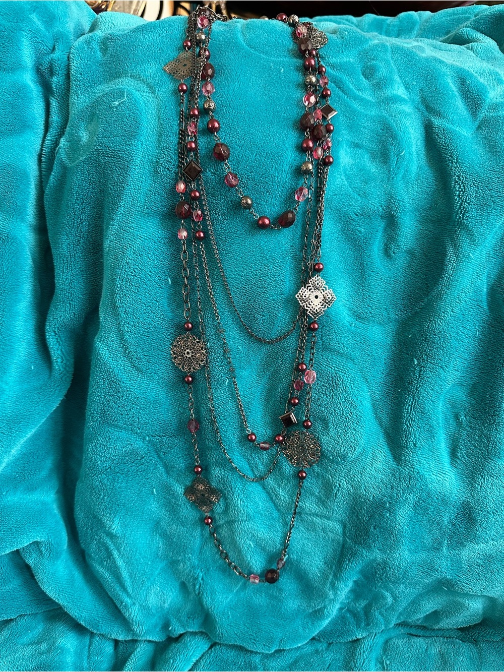 Multilayer Gunmetal Necklace with Burgundy Beads